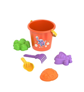 Набор для песка №79 (Формочки(бабочка,цветочек,божья коровка) лопатка, грабли, ведро среднее с печатью) 13х13х14 см.
