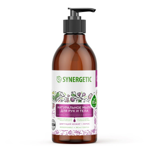 SYNERGETIC Натуральное мыло жидкое для рук и тела "Цветущий инжир и лотос", биоразлагаемое, 380мл