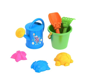 Набор для песка N15 (Ведерко Морское мал.+ лейка мал.+формочки Морские+совочек+грабли) 14х16х14 см.
