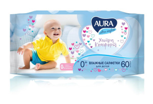 AURA ULTRA COMFORT Салфетки влажные для детей 60шт