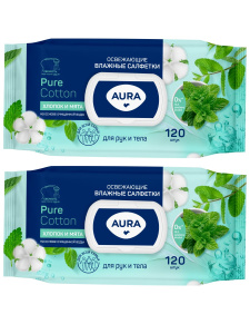 AURA Family Салфетки влажные освежающие big-pack с крышкой 120шт 2шт