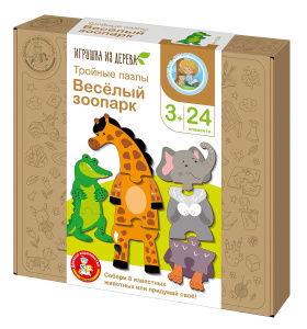 Пазлы деревянные Десятое королевство Тройные пазлы Веселый зоопарк 24 элемента
