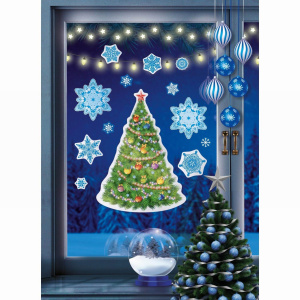 Наклейки новогодние Елочка со снежинками, А3