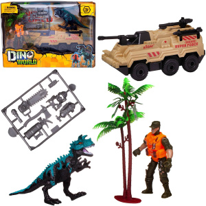 Игровой набор Junfa "Мир динозавров" (динозавр, боевая машина, фигурка человека, аксессуары)