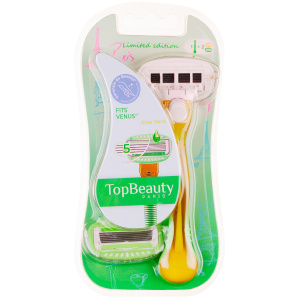 TopBeauty Paris Женская бритва 5 лезвий. 1 бритва + 2 сменные кассеты (желтого и зеленого цвета) (Совместима с Venus*)