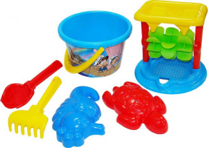 Набор №348: песочная мельница №2 с основанием ситечко среднее №2, ведро среднее с наклейкой, совок №2, грабельки №2, формочки (морской конёк + черепаха)
