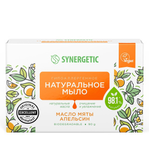 SYNERGETIC Натуральное мыло туалетное "Масло мяты и апельсин", 90г