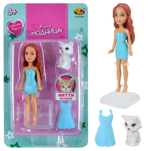 Кукла ABtoys Любимая кукла Модница голубое+голубое платья с котенком Китти