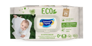 СОЛНЦЕ И ЛУНА ECO Салфетки влажные детские 0+ хлопковые с экстрактом липы big-pack с крышкой 100шт