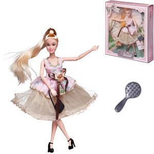 Кукла Junfa Atinil (Атинил) Весенняя свежесть в платье (розовый с цветами верх и воздушная юбка) с сумочкой и расческой, 28см