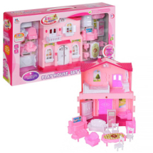 Кукольный дом Junfa "Мой новый дом" с мебелью, малый, сборный, розовый
