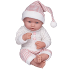 Пупс Junfa Pure Baby в вязаных бело-розовых полосатых штанишках и шапочке-колпаке, серой толстовке, с аксессуарами, 35см