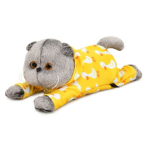 Кот Басик в комбинезоне с принтом "Гусик" (лежачий) 25 см