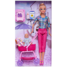 Игровой набор Кукла Defa Lucy Мама на прогулке с малышом-мальчиком (голубой комбинезончик) в коляске, игровые предметы, 29 см