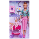 Игровой набор Кукла Defa Lucy Мама на прогулке с малышкой-девочкой (розовый комбинезончик) в коляске, игровые предметы, 29 см