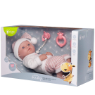 Пупс Junfa Pure Baby в вязаных бело-розовых полосатых штанишках и шапочке-колпаке, серой толстовке, с аксессуарами, 35см