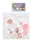 Пупс Junfa Pure Baby в вязаных бело-розовых полосатых штанишках и шапочке-колпаке, серой толстовке, с аксессуарами, 35см