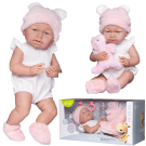 Пупс Junfa Pure Baby в белом с оборками боди, розовых пинетках и шапочке с плюшевым белым медвежонком, с аксессуарами, 40см