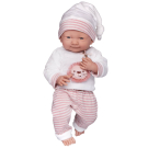 Пупс Junfa Pure Baby в белой со львенком кофточке, бело-розовых в полоску штанишках и шапочке, с аксессуарами, 35см