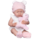 Пупс Junfa Pure Baby в белом с оборками боди, розовых пинетках и шапочке с плюшевым белым медвежонком, с аксессуарами, 40см
