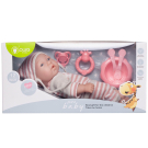 Пупс Junfa Pure Baby в вязаных бело-розовых полосатых кофточке, штанишках и шапочке, с аксессуарами, 30см