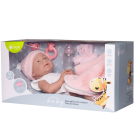 Пупс Junfa Pure Baby в белом с оборками боди, розовых пинетках и шапочке с плюшевым белым медвежонком, с аксессуарами, 40см