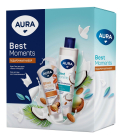 Подарочный набор AURA BEST MOMENTS Крем-гель для душа Кокос и Миндаль 250мл + Крем для рук Восстанавливающий с маслом ши 75мл