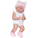 Пупс Junfa Pure Baby в белом с оборками боди, розовых пинетках и шапочке с плюшевым белым медвежонком, с аксессуарами, 40см
