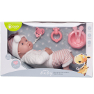 Пупс Junfa Pure Baby в вязаных бело-розовых полосатых штанишках и шапочке-колпаке, серой толстовке, с аксессуарами, 35см