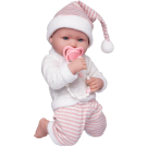 Пупс Junfa Pure Baby в вязаных бело-розовых полосатых штанишках и шапочке-колпаке, серой толстовке, с аксессуарами, 35см
