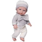 Пупс Junfa Pure Baby в вязаных полосатой серо-белой кофточке с бантом, белых с серой полоской штанишках и шапочке, с аксессуарами, 30см