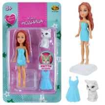 Кукла ABtoys Любимая кукла Модница голубое+голубое платья с котенком Китти