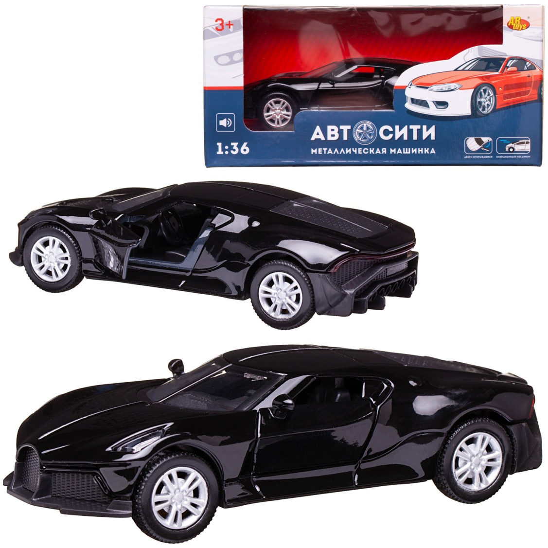 Машинка металлическая Abtoys АвтоСити 1:36 Спортивная инерционная с открывающими передними дверцами черная свет звук Машинка металлическая Abtoys АвтоСити 1:36 Спортивная инерционная с открывающими передними дверцами черная свет звук
