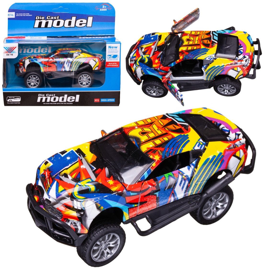 Машинка Junfa Джип граффити1:32 металлический с открывающимися дверцами инерционный, модель 2 (желто-сине-красно-белый) Машинка Junfa Джип граффити1:32 металлический с открывающимися дверцами инерционный, модель 2 (желто-сине-красно-белый)