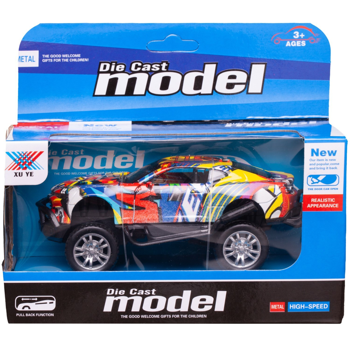 Машинка Junfa Джип граффити1:32 металлический с открывающимися дверцами инерционный, модель 2 (желто-сине-красно-белый) Машинка Junfa Джип граффити1:32 металлический с открывающимися дверцами инерционный, модель 2 (желто-сине-красно-белый)