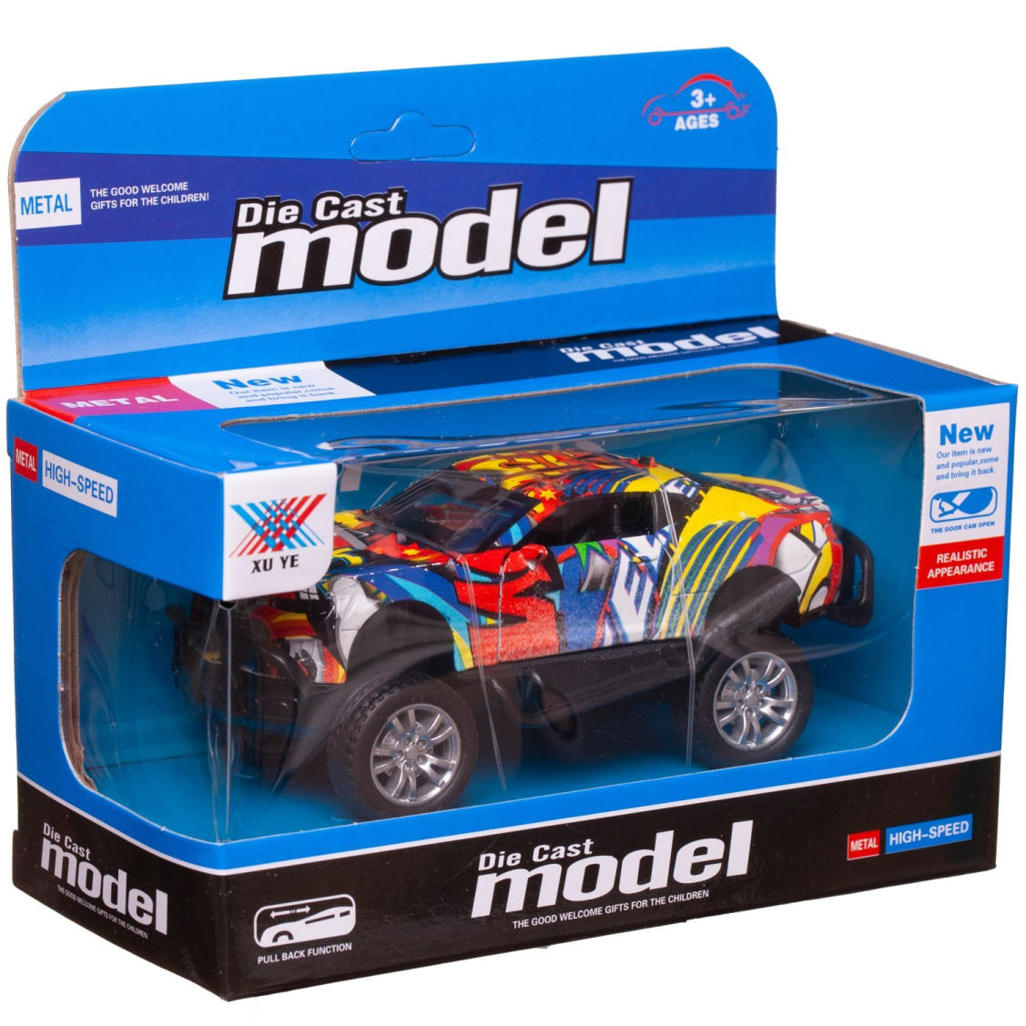 Машинка Junfa Джип граффити1:32 металлический с открывающимися дверцами инерционный, модель 2 (желто-сине-красно-белый) Машинка Junfa Джип граффити1:32 металлический с открывающимися дверцами инерционный, модель 2 (желто-сине-красно-белый)