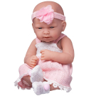 Пупс Junfa Pure Baby в ажурном бело-розовом платье, в белых пинетках, с повязкой на голове, розовым плюшевым зайчиком и аксессуарами, 35см