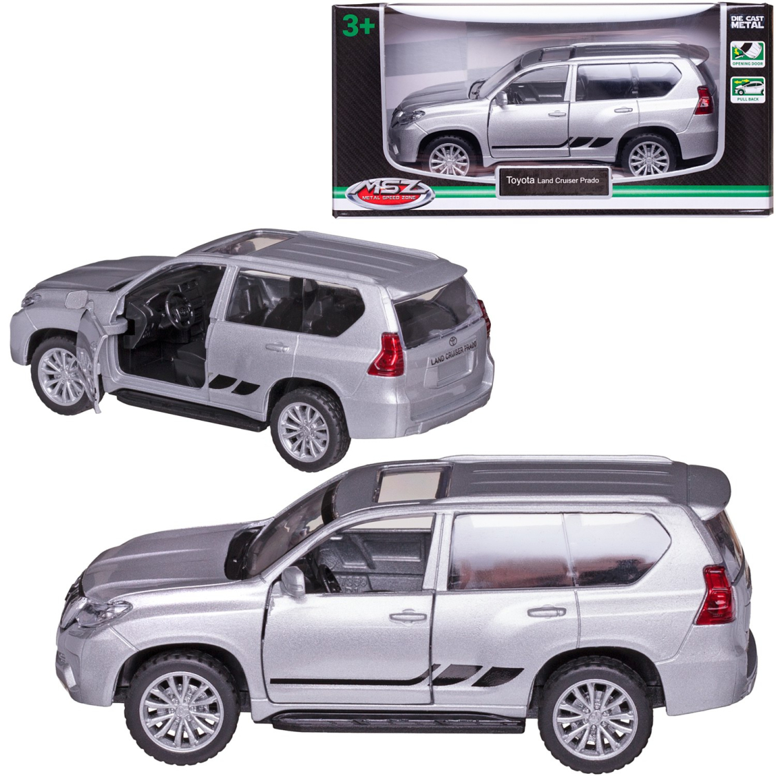 Машинка металлическая MSZ серия 1:43 Land Cruiser Prado, цвет серебряный, инерционный механизм, двери открываются Машинка металлическая MSZ серия 1:43 Land Cruiser Prado, цвет серебряный, инерционный механизм, двери открываются