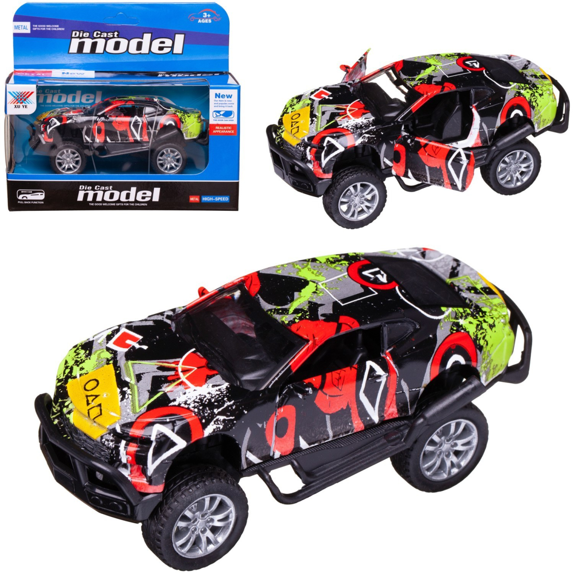 Машинка Junfa Джип граффити1:32 металлический с открывающимися дверцами инерционный, модель 3 (зелено-черно-красно-белый) Машинка Junfa Джип граффити1:32 металлический с открывающимися дверцами инерционный, модель 3 (зелено-черно-красно-белый)