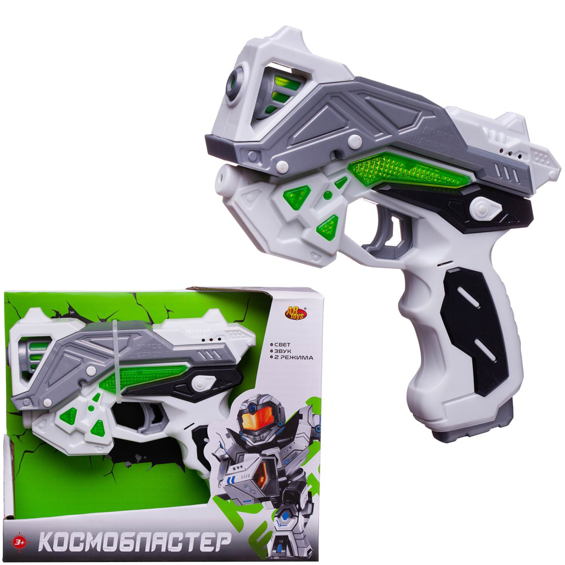 Бластер ABtoys Космобластер на батарейках, в коробке 19х5х16 см, бело-серо-зеленый Бластер ABtoys Космобластер на батарейках, в коробке 19х5х16 см, бело-серо-зеленый