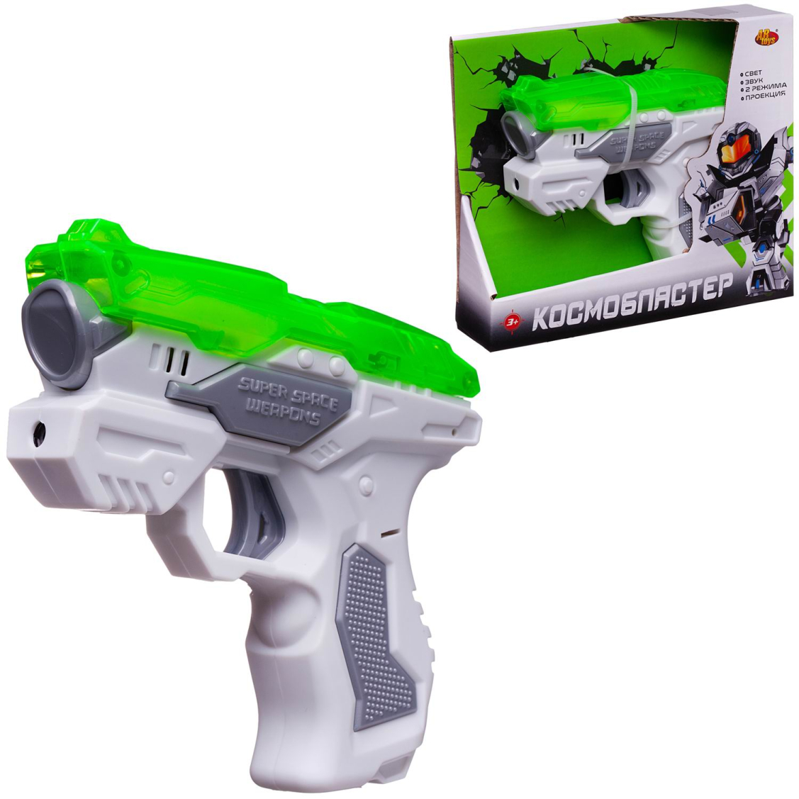 Бластер ABtoys Космобластер на батарейках, в коробке 16,5х4х14 см, бело-серо-зеленый Бластер ABtoys Космобластер на батарейках, в коробке 16,5х4х14 см, бело-серо-зеленый